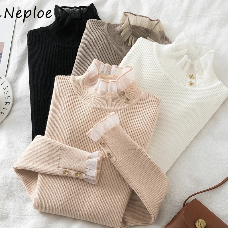 Neploe-女性用ハーフハイネックボトムシャツ、スリムニットセーター、女性用単色セーター、長袖セーター、新しい秋、冬、2022