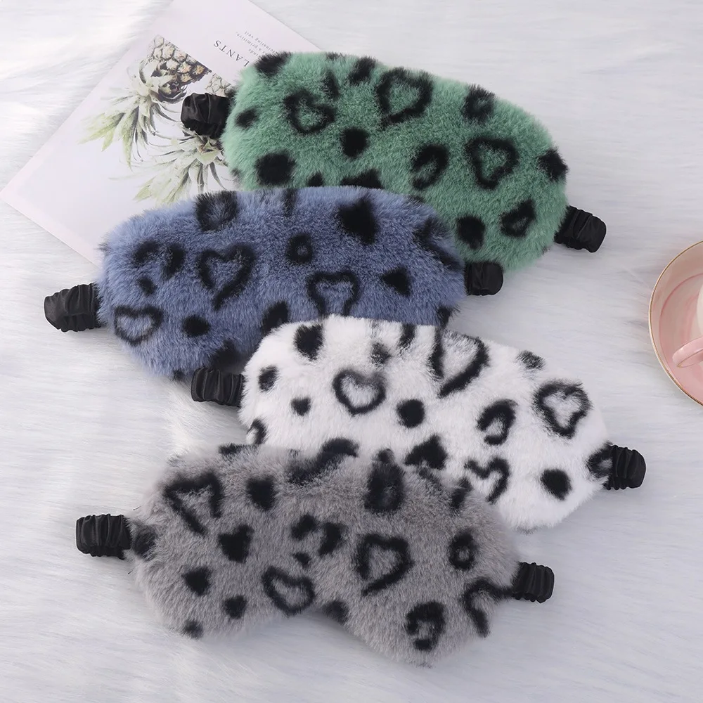 Plush Leopard Heart Faux Fur Sleep Mask Light Blocking Eye Cover Cute Cartoon Eye Mask Multi-Color Eye Mask for Women Girls
