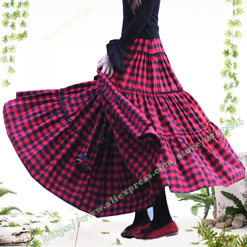 

Women's Casual Retro Elegant Cotton Pleated Red Plaid Feminine Long Maxi Skirts for Womens 2022 Autumn and Winter