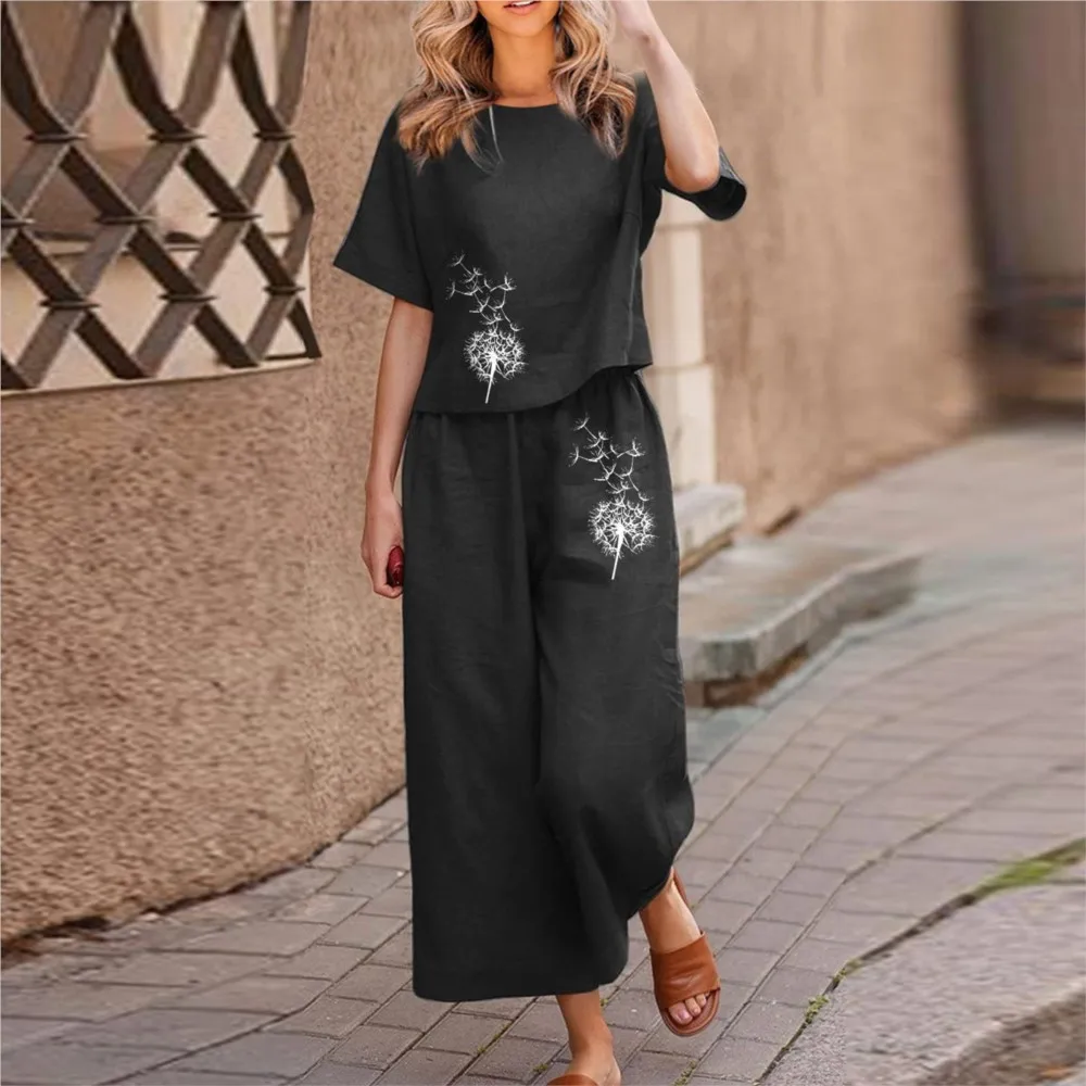 Casual Loose Round Neck Pullover Shirt Wide Leg Pants Two-piece Set 2024 New Solid Color Short Sleeved Butterfly Print Outfits