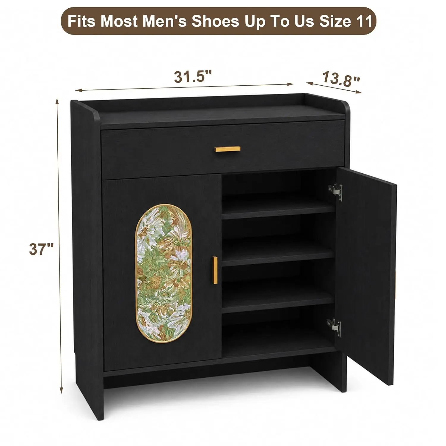 4-Tier Shoe Cabinet with Drawer and Floral Fabric Panels, Black, Customized