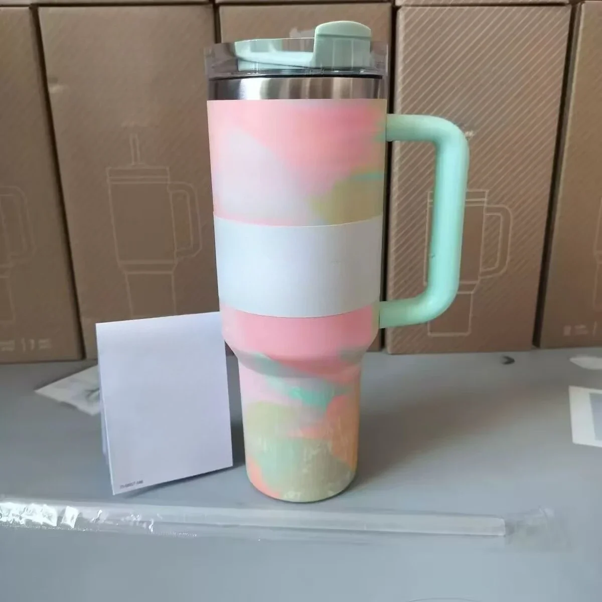 كوب سفر من الفولاذ المقاوم للصدأ بسعة كبيرة 40 أونصة مع مقبض وغطاء من القش |   المكتب والسفر ضروري |   كوب معزول مانع للتسرب