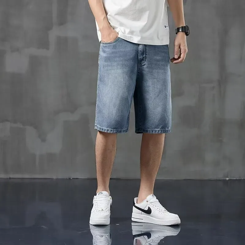 

KIDWHXR Summer Man Shorts Thin Simple Solid Color Male Denim Shorts Streetwear Loose Straight Casual Men Knee Length Pant