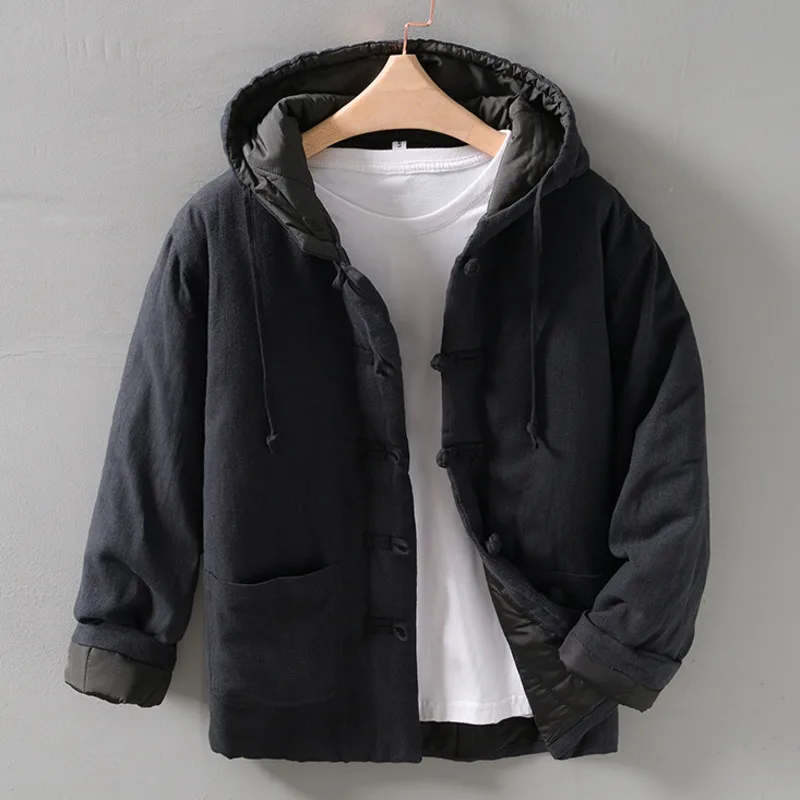 Mens Hooded Warm Winter Thicken Cotton Padded Jacket Chinese Style buckle Cotton Linen Parka Coat Trench Windbreakers