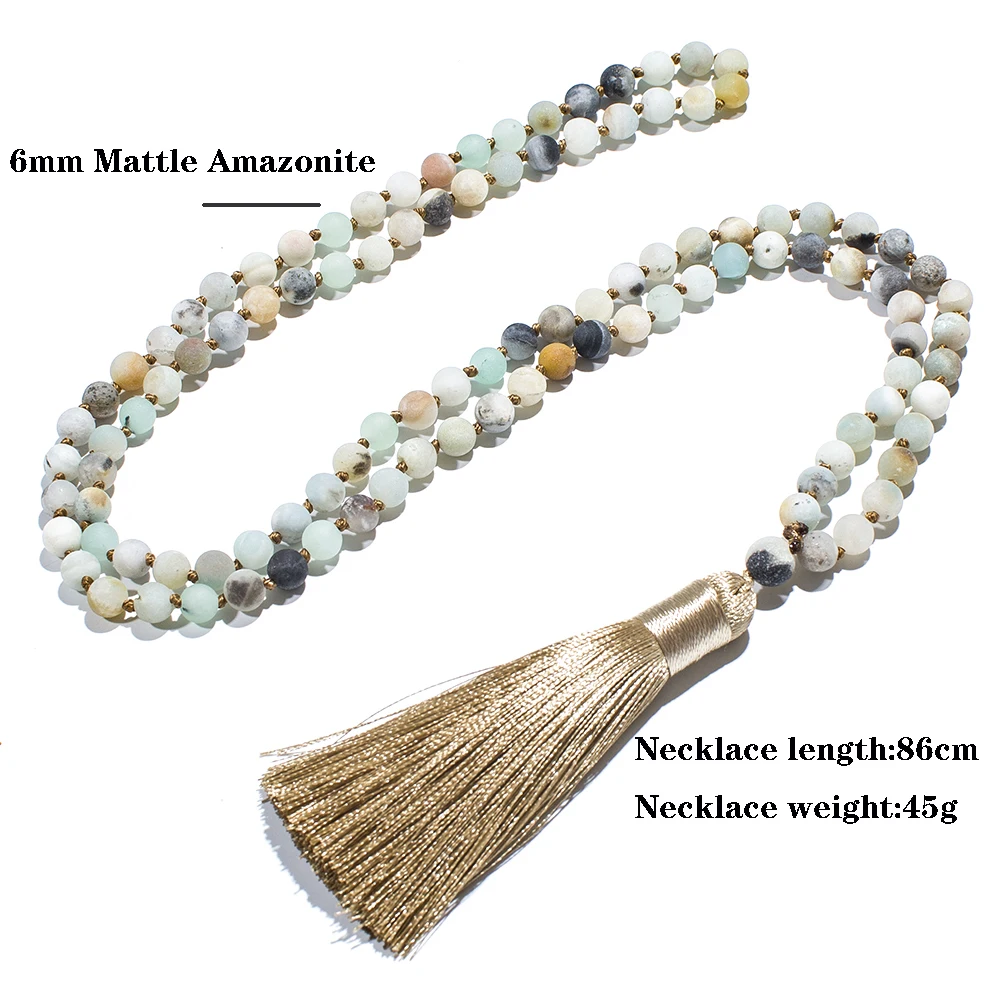 6mm Matte Amazonite Knotted 108 Mala Beads Necklace Meditation Yoga Prayer Jewelry with Tassel Pendant Japamala Rosary