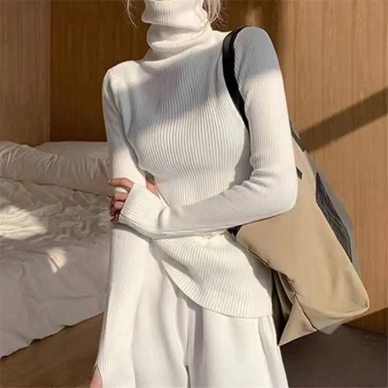 Korean Style Turtleneck Slim Knitted Pullovers Woman 2023 Basic High Collar Tops Autumn Winter Sweater Casual Knitwear Tops