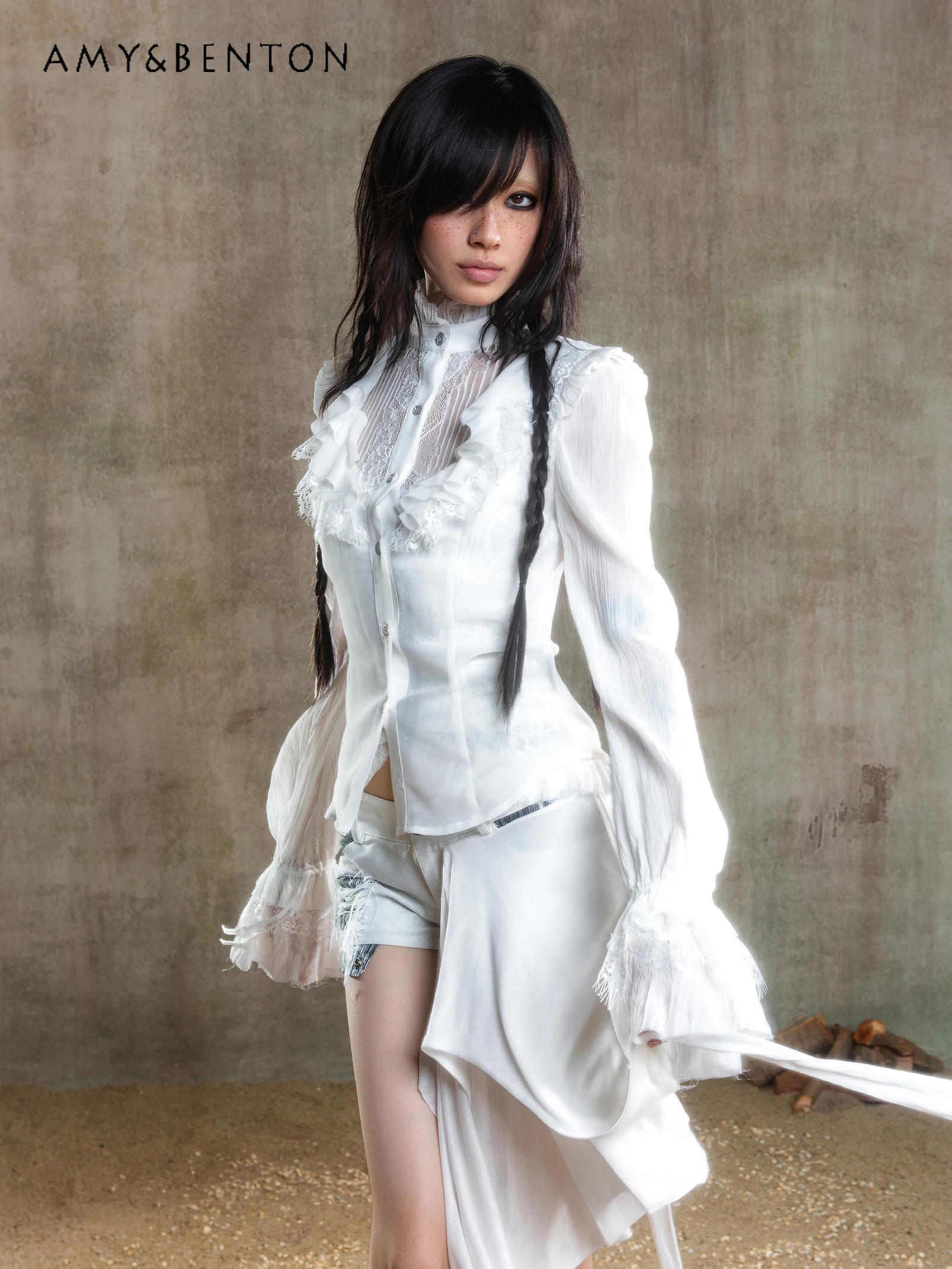 Original Design Retro Court Style Chiffon Thin Long-sleeved Shirt Women Subculture Punk Goth Blouse Summer Dark Girl Y2K Shirts