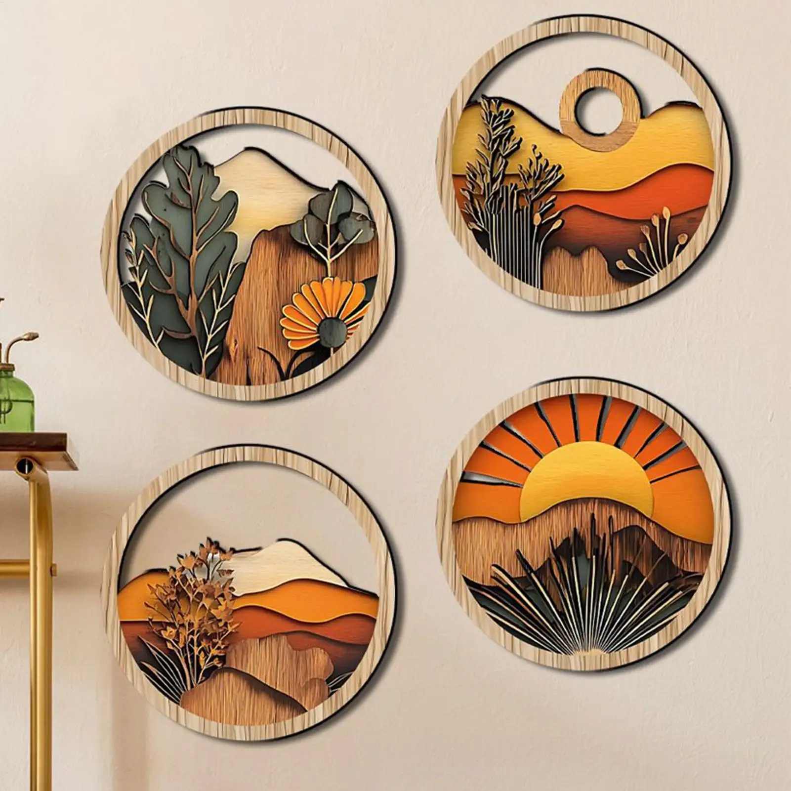 4Pcs Bohemian Wooden Wall Art Set - Energy-Efficient Hollowed-Out Pastoral Theme Hanging Sculptures for Living Room Bedroom