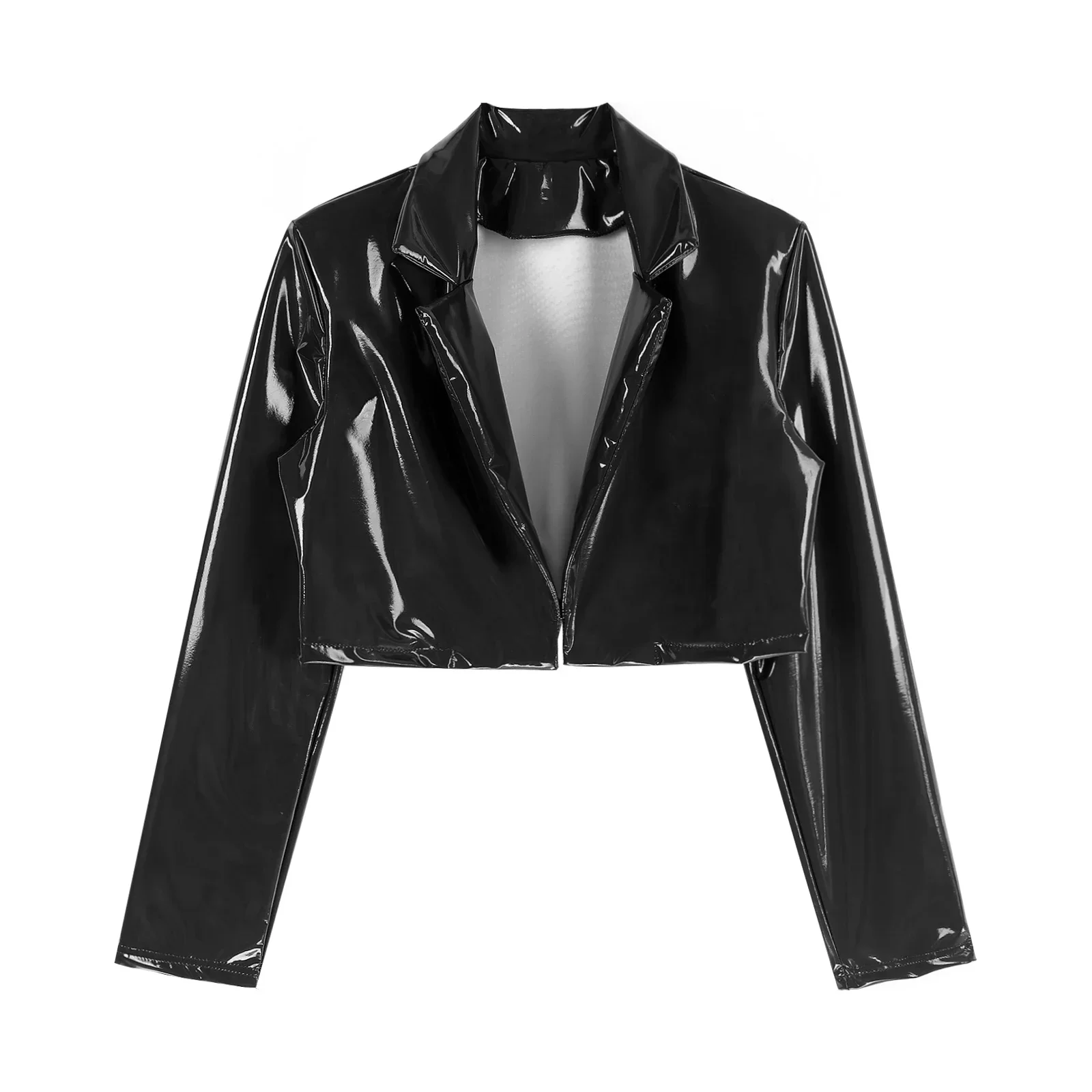 Womens Fashion Black Red Motorcycle Jacket Wet Look Music Festival Clubwear Long Sleeve Patent Leather Lapel Cropped Coat