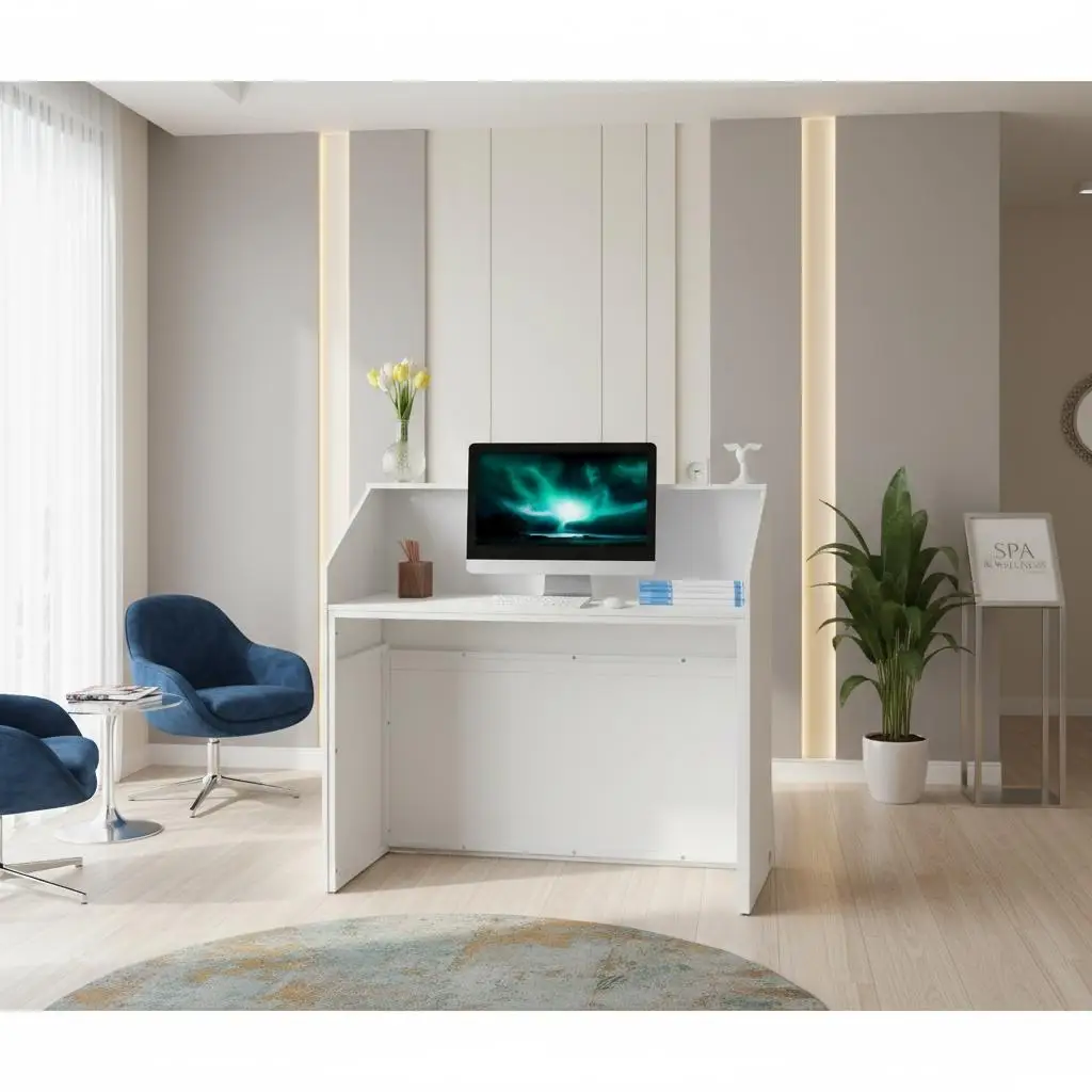 

Стойка ресепшн 46 дюймов прямоугольная для зоны выдачи заказов, салона красоты, офиса, с полками для хранения, профессиональная мебель