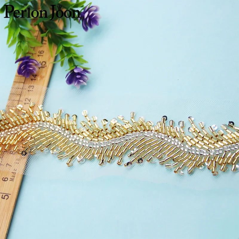 5 Yards Gold White Glass Beaded Sequin Imitation Handmade Lace Trim DIY Decoration for Clothing Dress Belt Mesh Webbing HB060