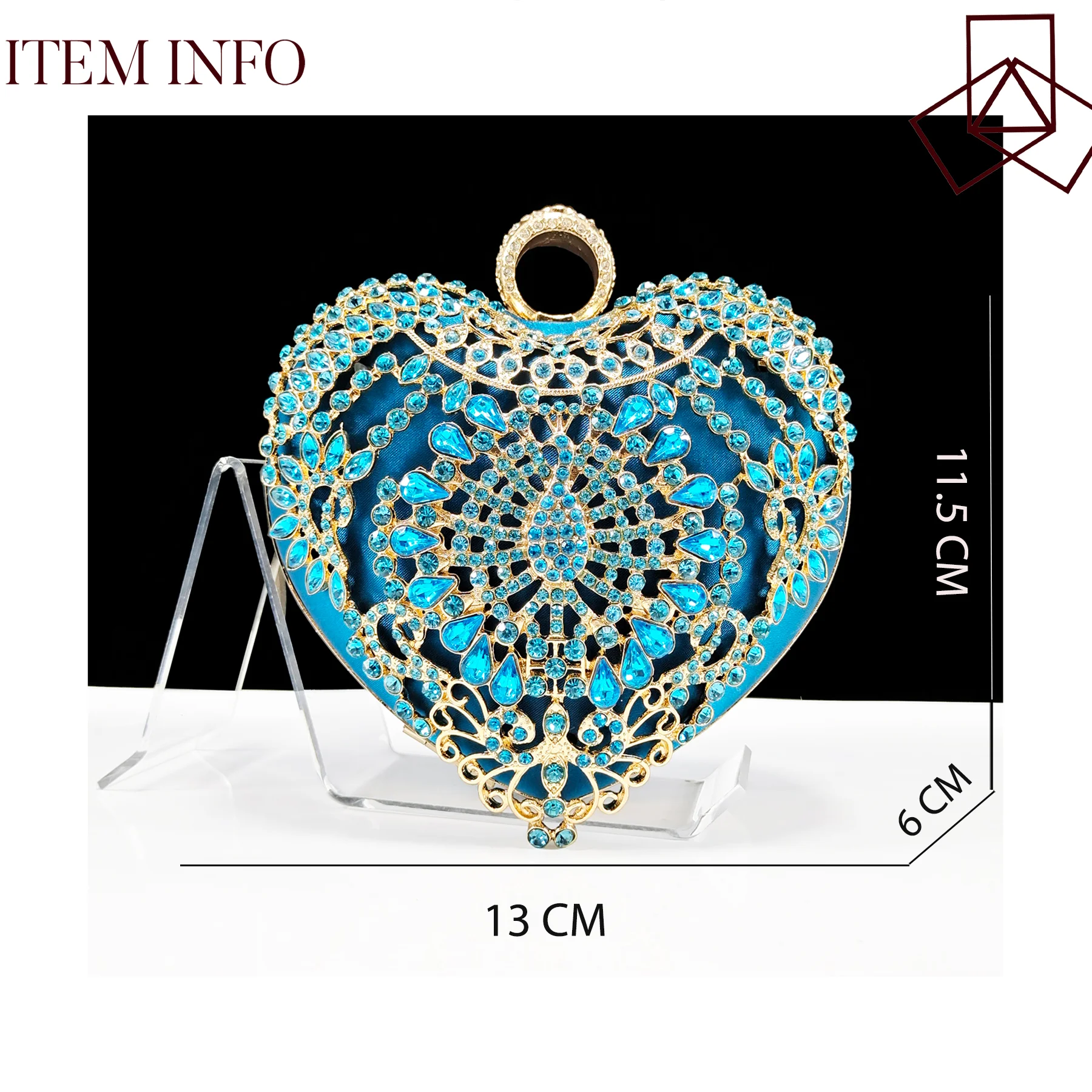 Mature Sky Blue Colorful Rhinestone Decoation Design Pointed Toe High Heel Lady Shoes and Heart Shape Mini Bag for Party Wedding