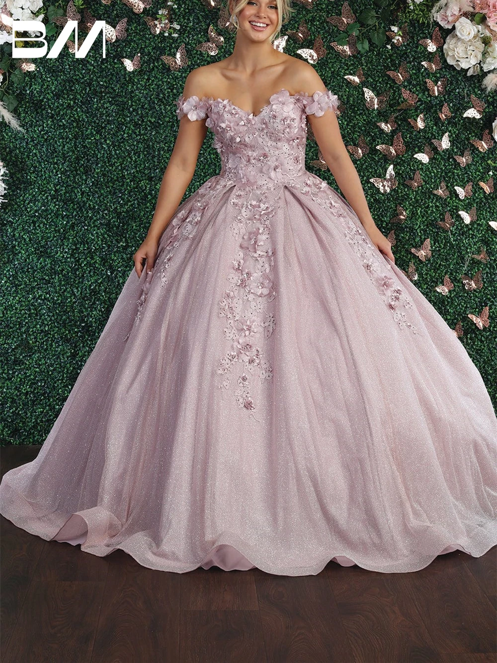 Vestido floral Quinceanera off-the-ombro com glitter tule, vestido de baile, vestidos cocktail, 2024