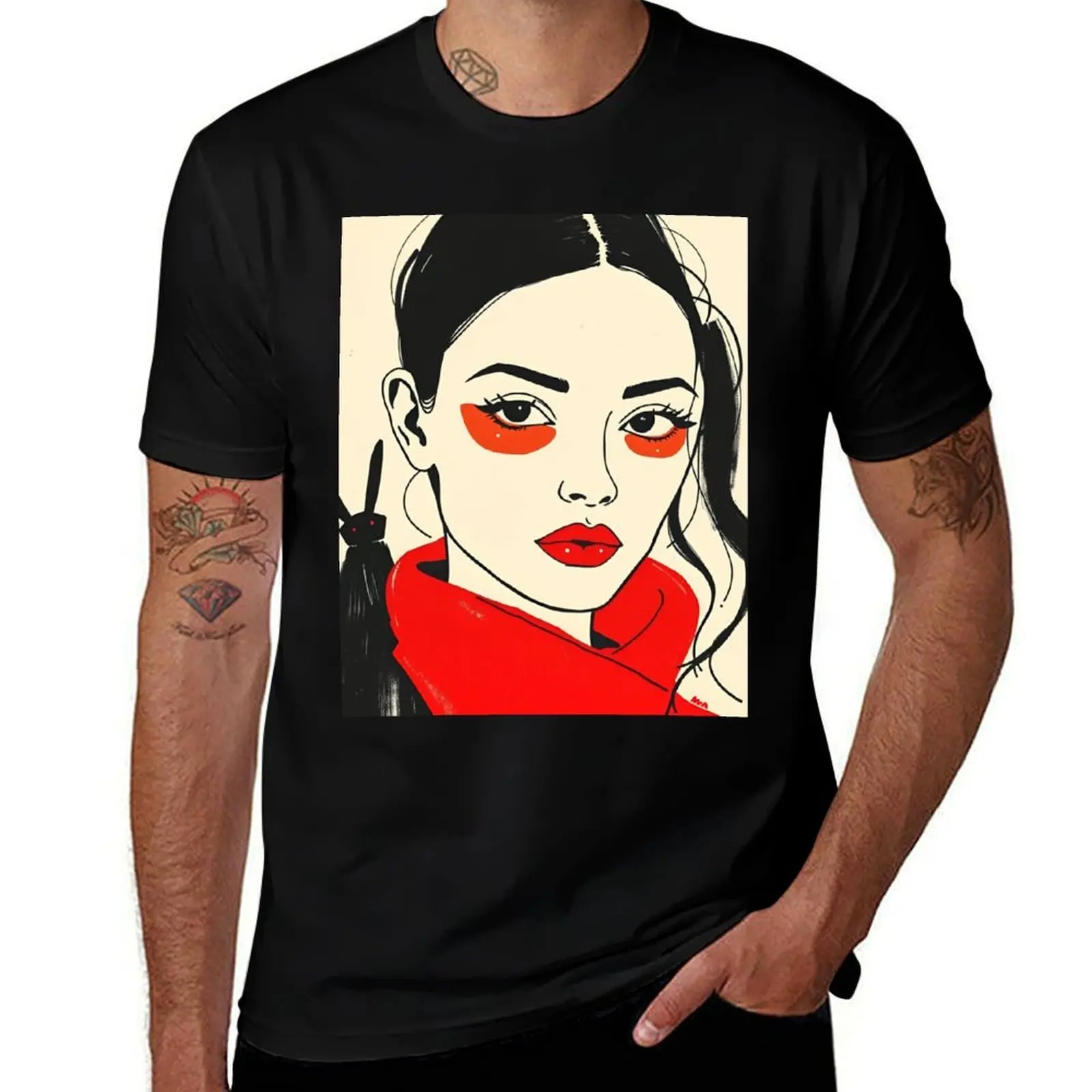 

Bold Red Eyeliner Girl Illustration – Minimalist Pop Art Portrait with Bunny T-Shirt funny gifts boys whites mens t shirts