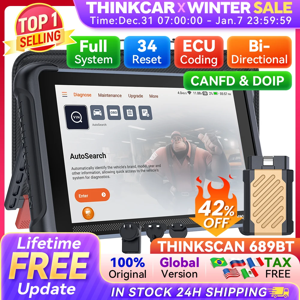 THINKCAR THINKSCAN 689BT Professional Car Diagnostic Tool CANFD DOIP Bi-directional ECU Coding 34 Reset Full System Obd2 Scanner