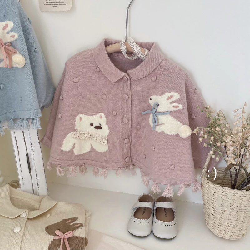 MILANCEL Autumn Children\'s Sweaters 1-6 Y Girls Cartoon Bear Bunny Knit Cardigans Coat Kids Tassel Princess Style Sweater Cloak