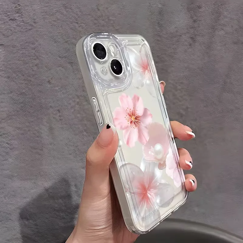 أنيقة الوردي زهر الخوخ اللؤلؤ طباعة جراب هاتف آيفون 16 17 برو ماكس 15 14 13 12 11 برو ماكس 16E X XS 7 8 زائد غطاء شفاف