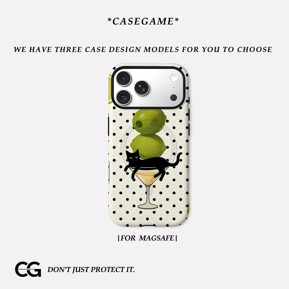 Funda Protectora Mate Casegame para Magsafe, Compatible con iPhone 17, 16, 15, 14 Plus, 13 Pro Max, Resistente a Impactos, Carcasa Rígida de PC con Diseño Artístico de Gato Lime Martini