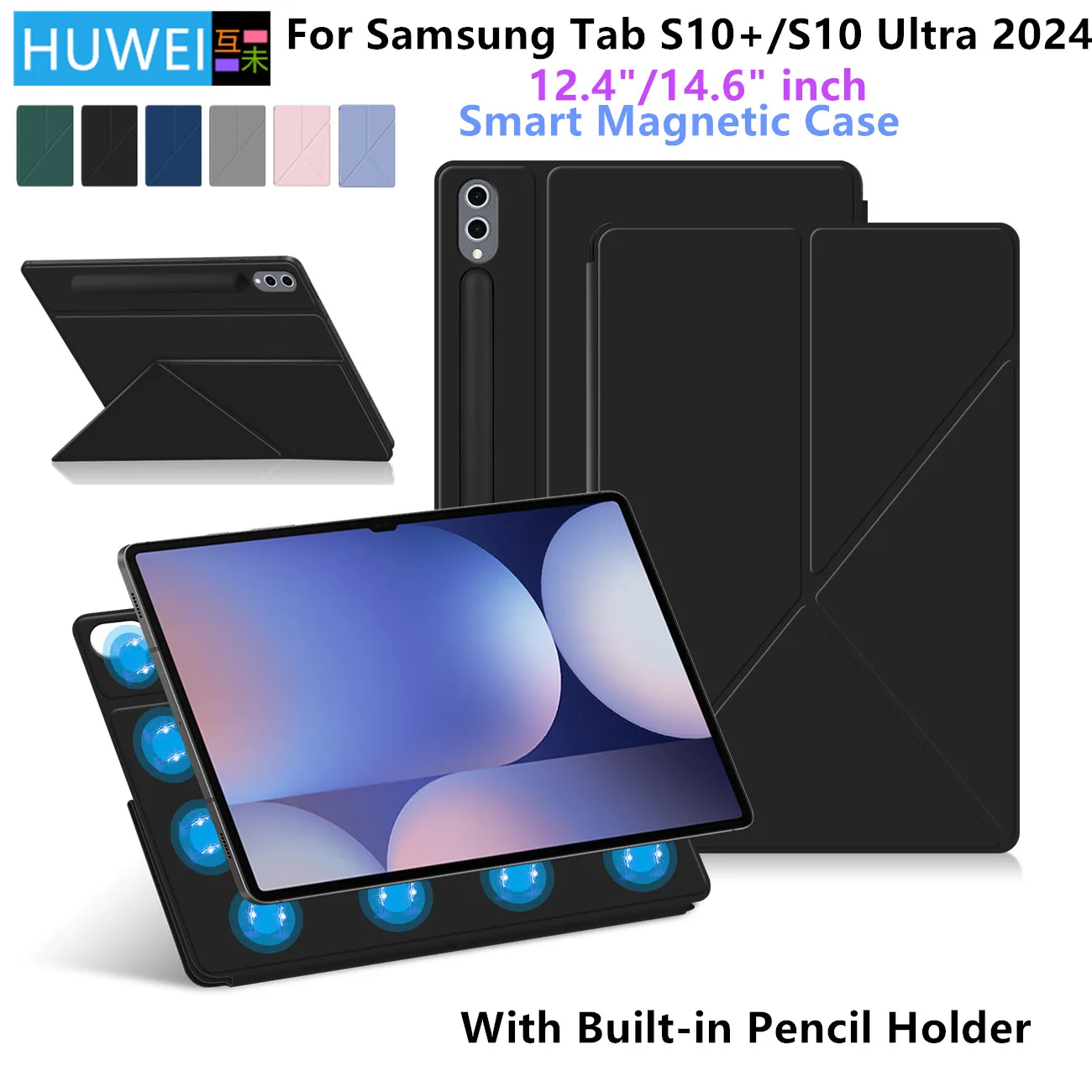 

HUWEI Magnetic Case For Samsung Galaxy Tab S10 Ultra 14.6 inch 2024 Tab S10 Plus S10+ 12.4" Tablet Stand Smart Book Cover Cases
