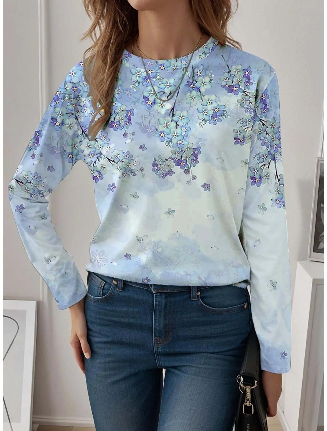 Modna damska koszulka Tee 3D Print Floral Graphic Casual Holiday Fashion Koszulka z długim rękawem O-Neck Żółta bluza Pullover