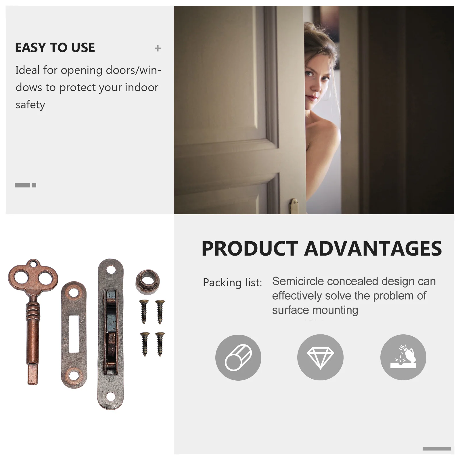 Fechadura lateral semicírculo para armário, gaveta de ferro, retrô, porta de armário, fechadura para móveis com chave, bronze vermelho vintage para joias