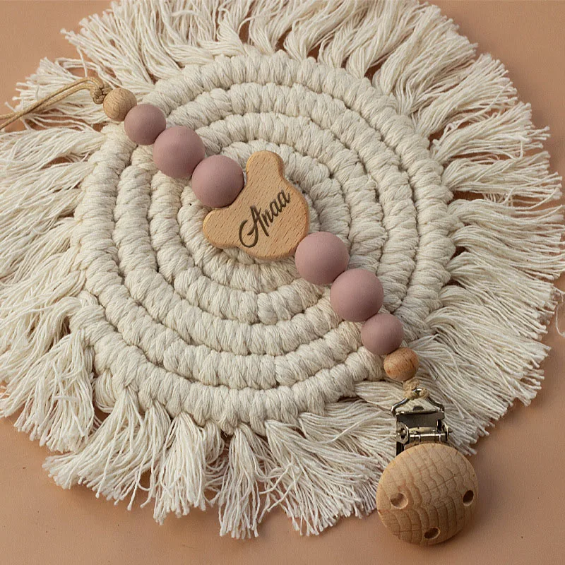 Personalisierte Name Holz Baby Schnuller Kette Silikon Perle Schnuller Nippel Halter Schutz Beißring Anhänger Neugeborenen Dusche Geschenk – Detail 7