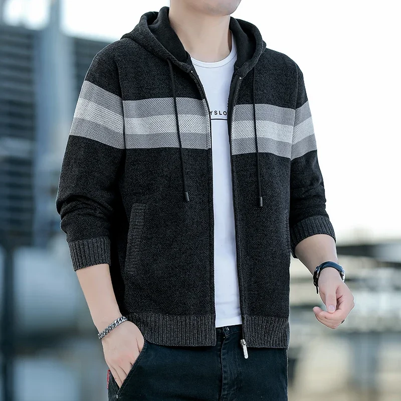 

New Hooded Jackets Mans Autumn Winter Striped Baggy Knit Zip-up Jackets for Men Daily Casual Male Clothes