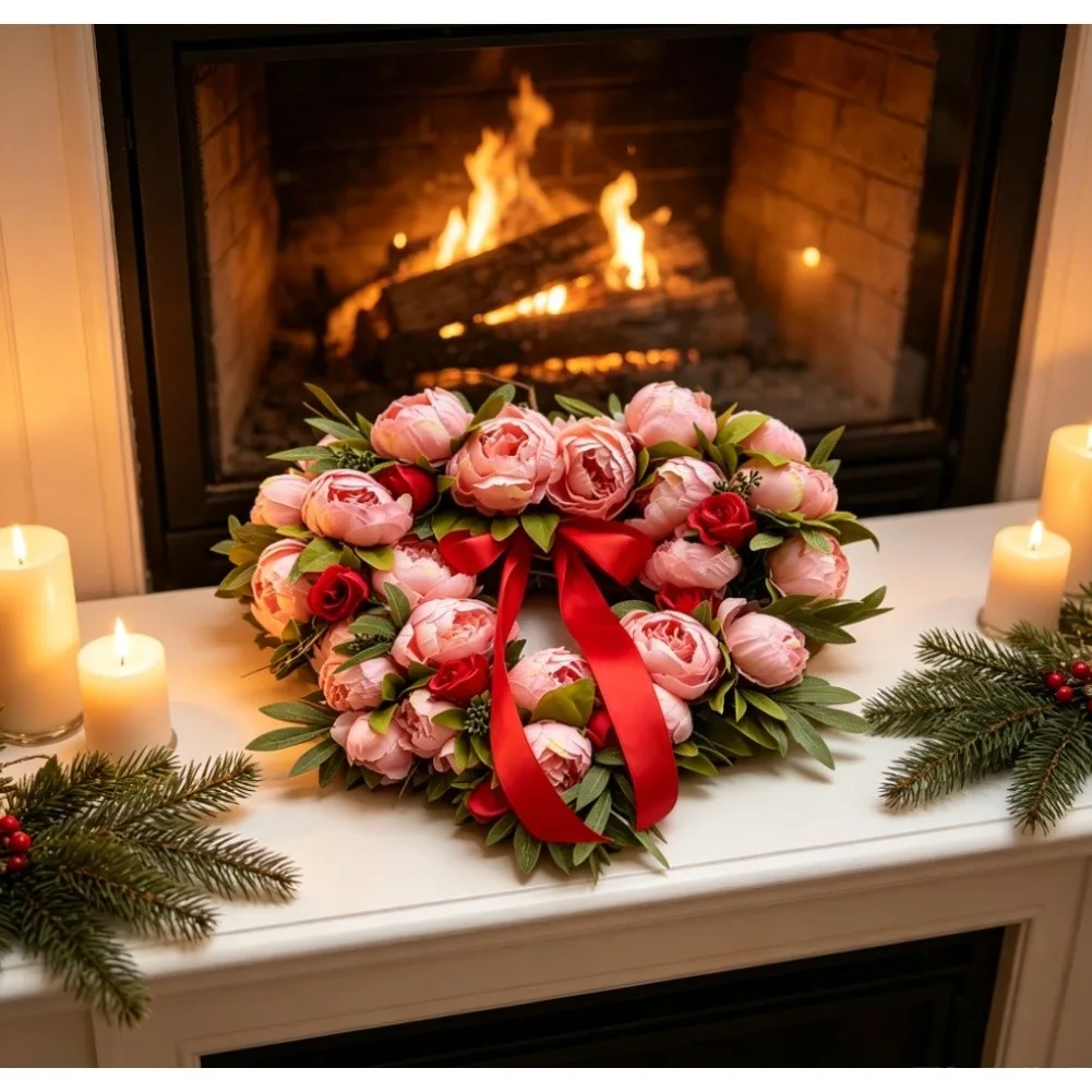 Spring Themed Door Wreath Peony Blossoms Artificial Silk Flower Arrangement Heart Shape Pink 40cm Home Living Decor