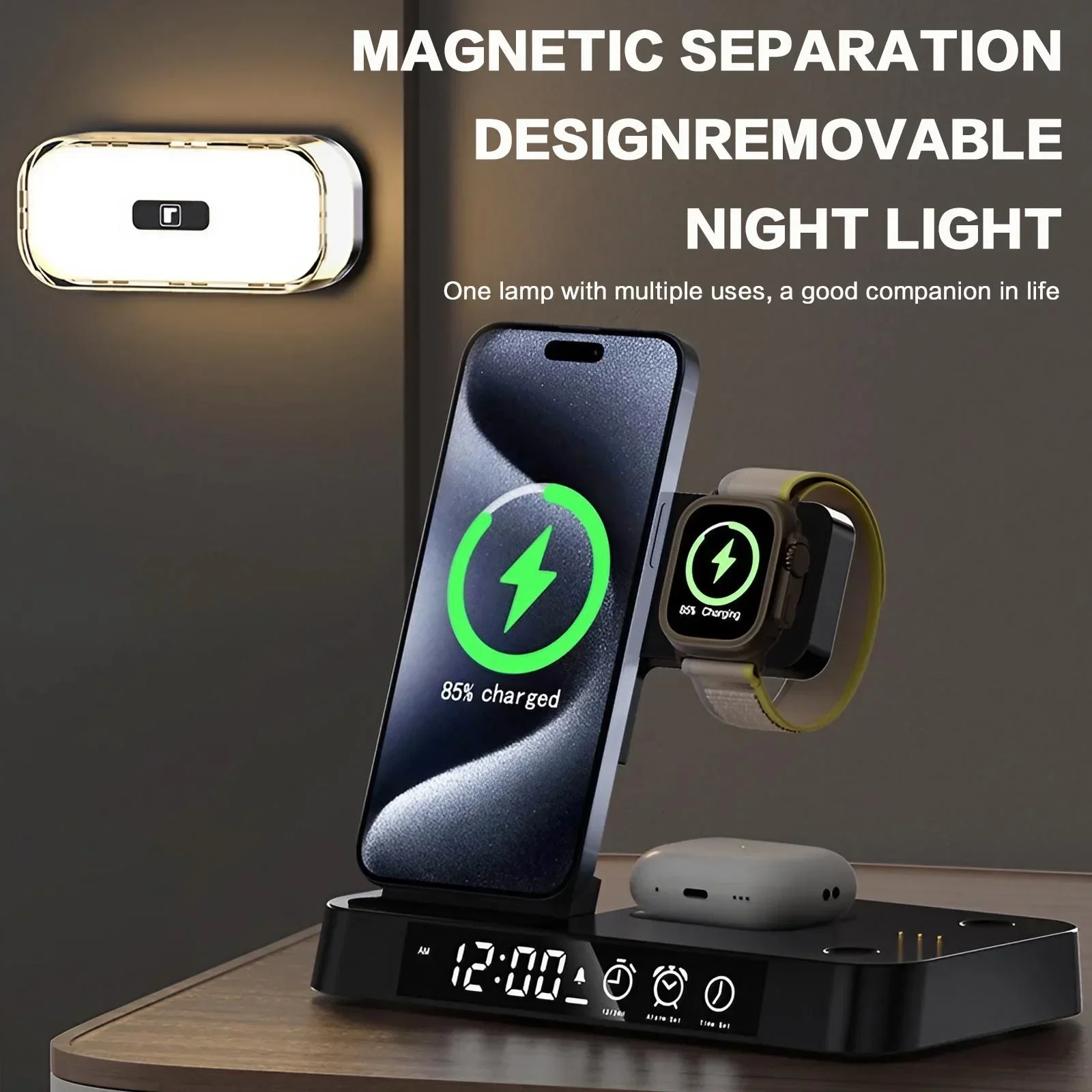 شاحن لاسلكي 30 وات قابل للطي RGB Light متوافق مع iPhone 13 12 Pro Max Apple Watch 7 6 AirPods Pro شحن سريع