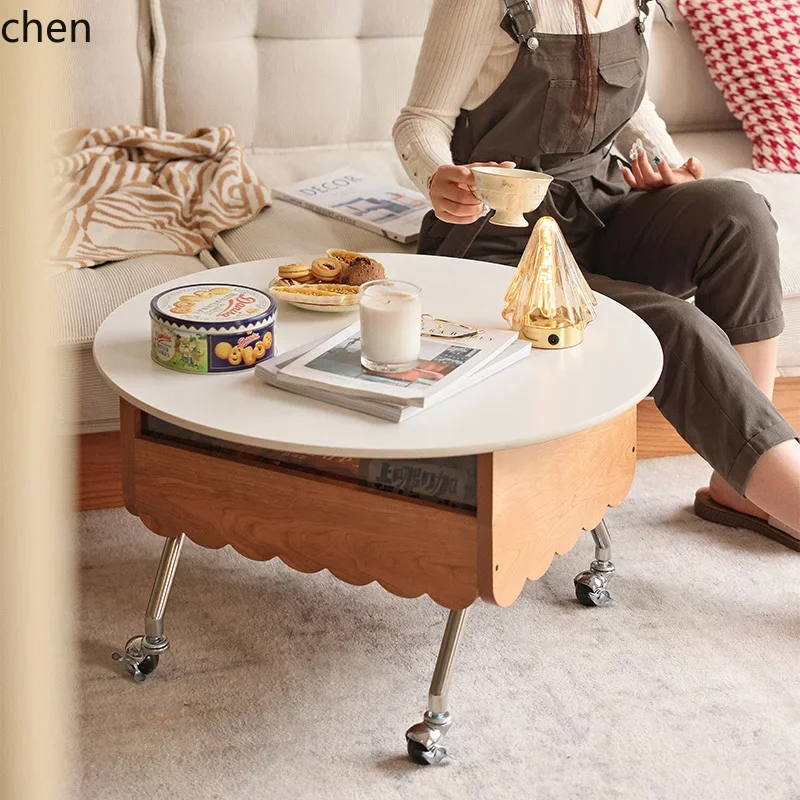 H5.26 solid wood rock slab lifting coffee  tea table multi-functional sofa edge table mobile round