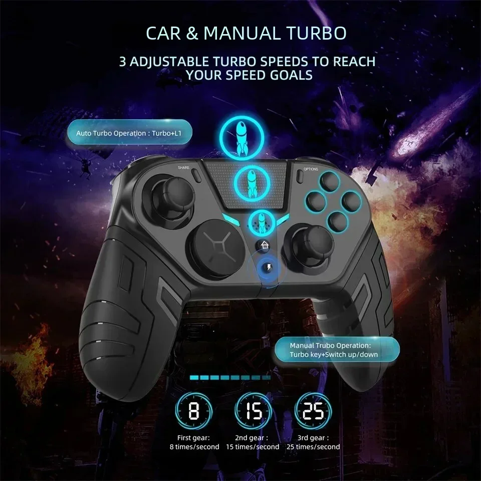 وحدة تحكم GAMINJA اللاسلكية المزدوجة الاهتزاز بلوتوث غمبد مع وظيفة توربو قابلة للبرمجة لعصا التحكم الكمبيوتر PS4