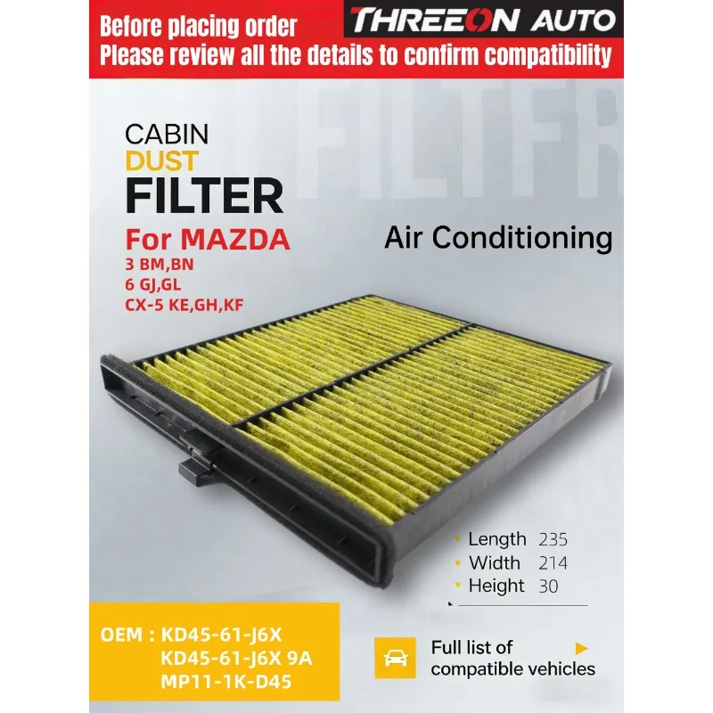 THREEON AUTO Activated Carbon Air Cabin Filter For MAZDA 6 GJ,GL MAZDA CX-5 KE,GH KF KD4561J6X TK4861J6X CU24009 TOC3050P