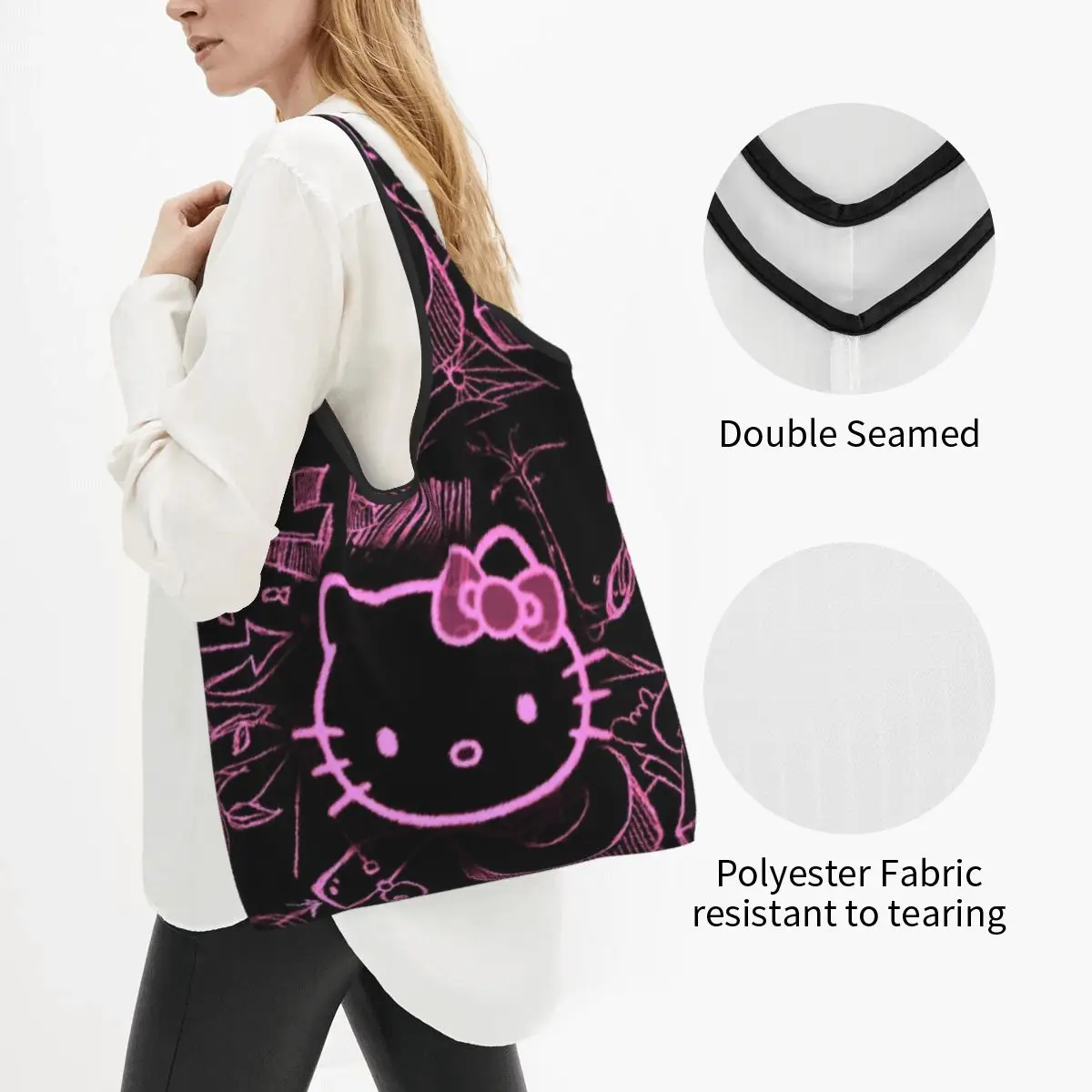 Large Reusable Kawaii Sanrio HelloKitty Cartoon Grocery Bags Recycle Foldable Shopping Eco Bag Washable Lightweight