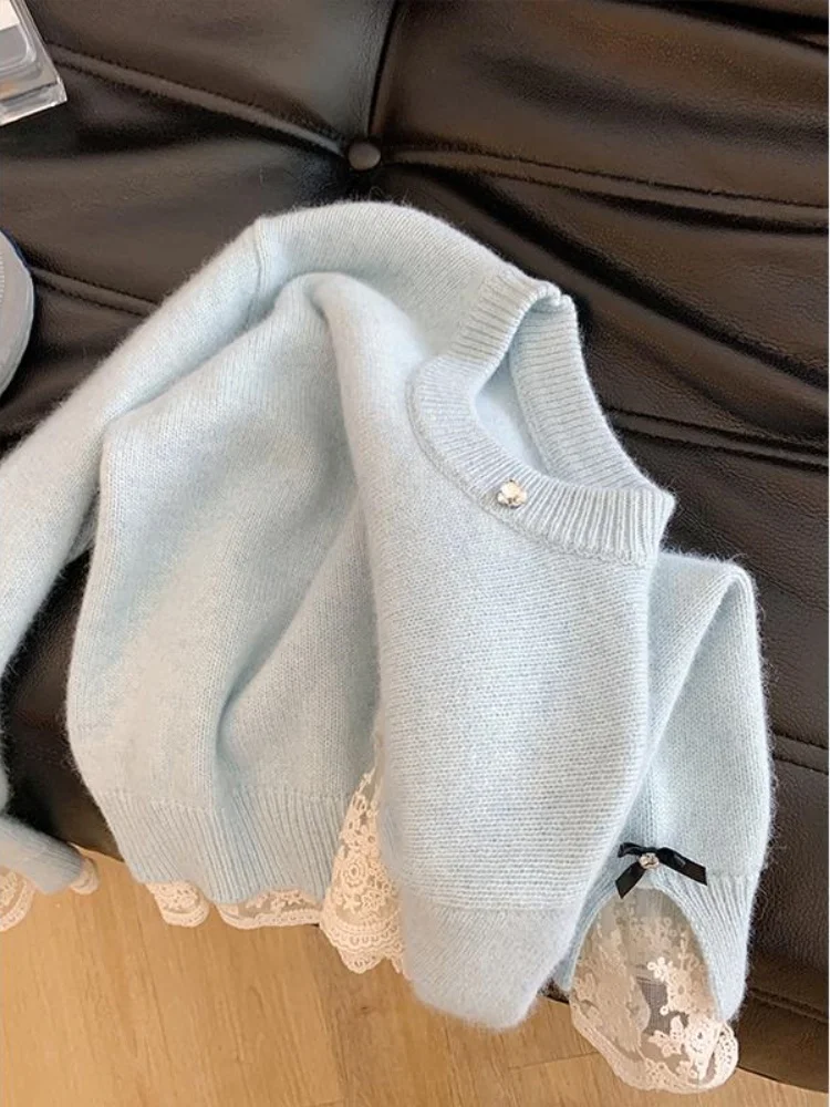 

Korean Style Lace Splice Sweater Women's Autumn Winter Gentle Atmosphere Knitted Shirt Sweet Style Long Sleeve round Neck