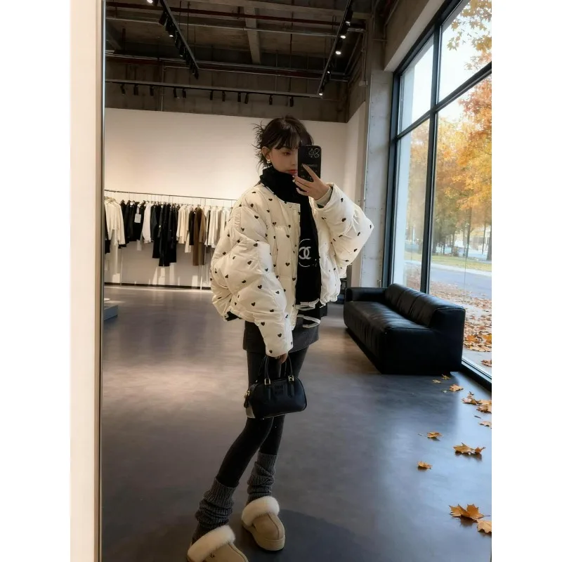 Trendy Retro Short Cotton-padded Women Exuding Sense High-end Fashion Versatility White Printed Cotton-padded Jacke Commuting