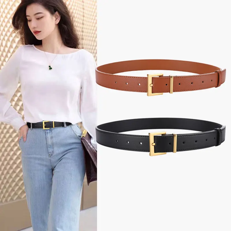 حزام جلد سويدي فاخر للسيدات كاجوال مع جينز مربع ذهبي بإبزيم حزام نسائي أنيق من جلد البقر الأسود والبني حزام عريض