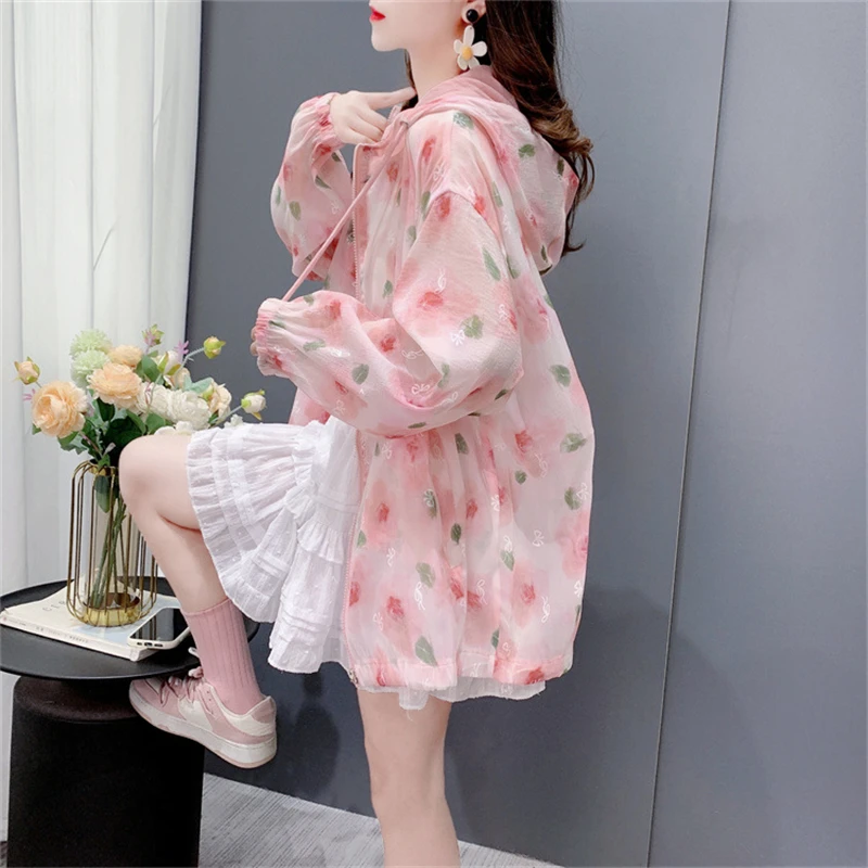 Pink White Zippered Cardigan Summer 2024 Lazy Style Print Design Hooded Sun Protection Long Sleeved Jacket For Women's