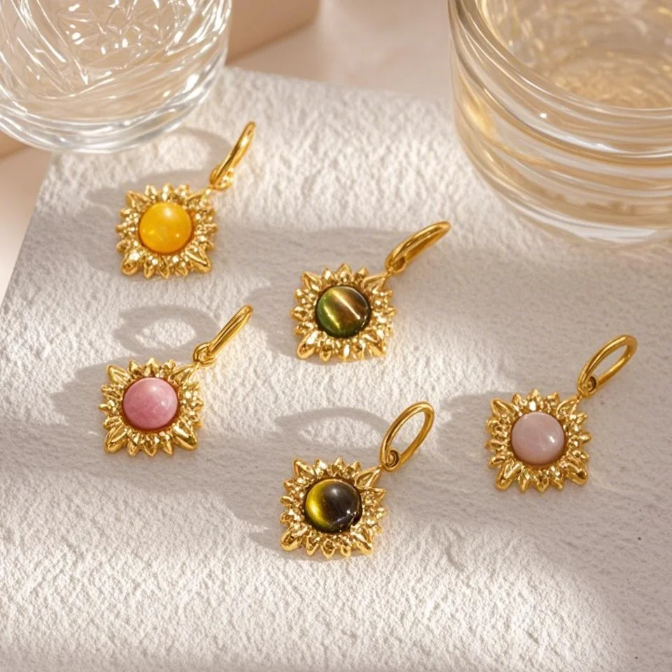 

High-Quality Sunflower Charms Colorful Natural Stone Inlaid Stainless Steel Pendant for Women Jewelry DIY Making Necklace