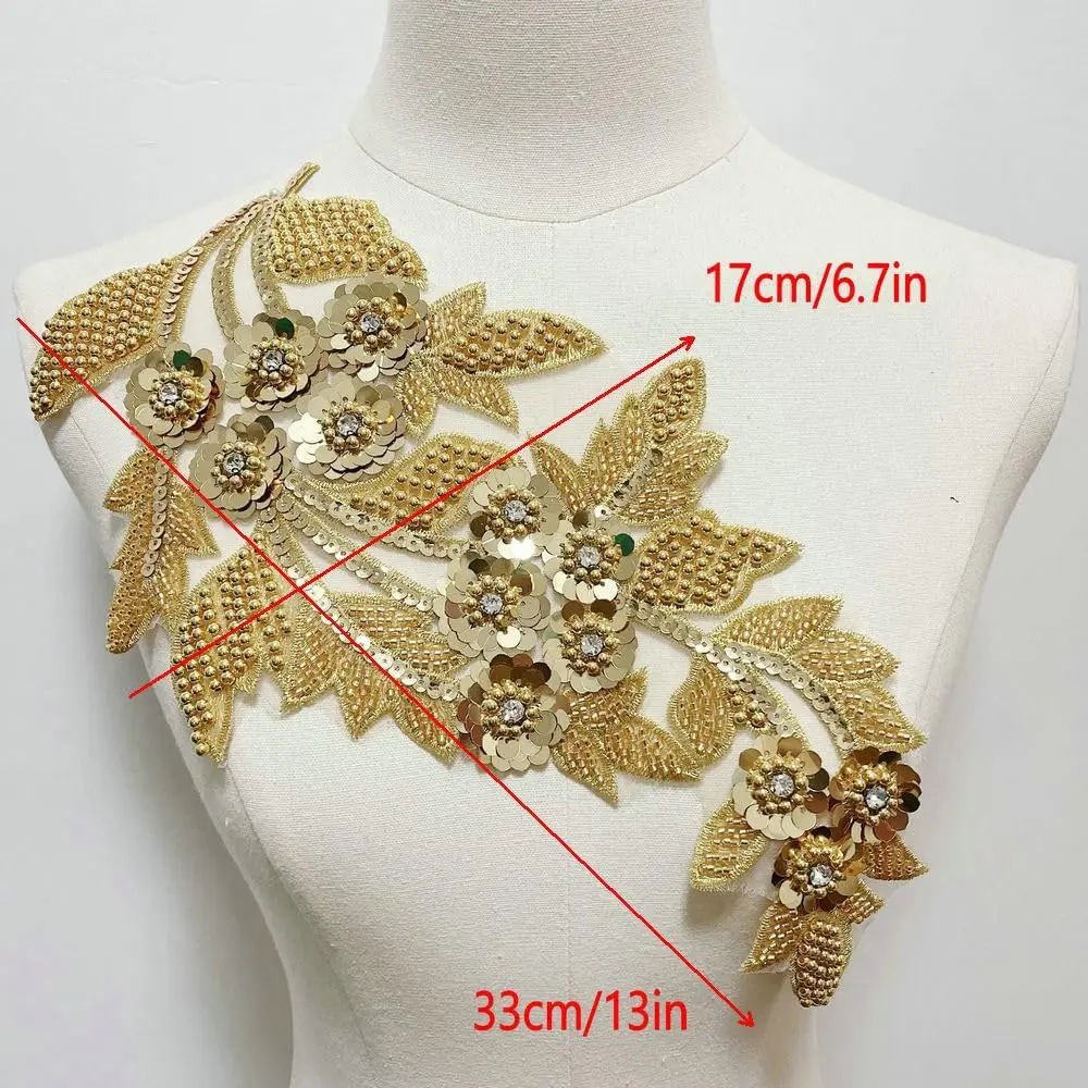 1 Piece Golden Silver White Embroidered Lace Applique Sequins Beading Decoration Patch Repair