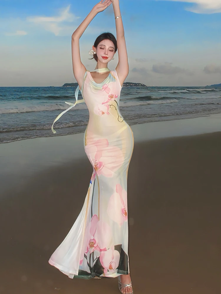 Summer Floral Chic Swinging Collar Sexy Sling Dress Women Boho Elegant Casual Holiday Dress 2025 Korean Bodycon Festival Dresses