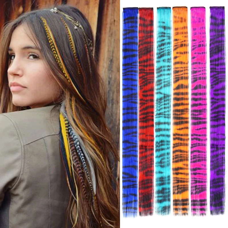 Synthetic Colored Feather Hair Clip-in Piano Zebra Line Feather Hair Extensions Girl Fake Hair Colored Clip On Hair Extensions