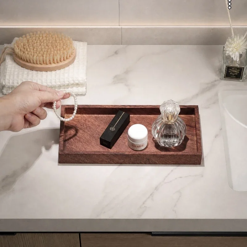No-Assembly Vintage Bathroom Organizer, Walnut Wood Grain Resin Shelf, Countertop Storage Tray for Toiletries, Rustic Home Decor