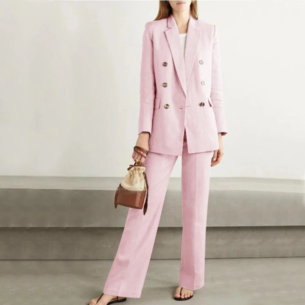 Dames volledig pakset Grote maten dames casual pak met dubbele rij knopen Elegante formele broek 2-delige set (top + broek) Aanpassen