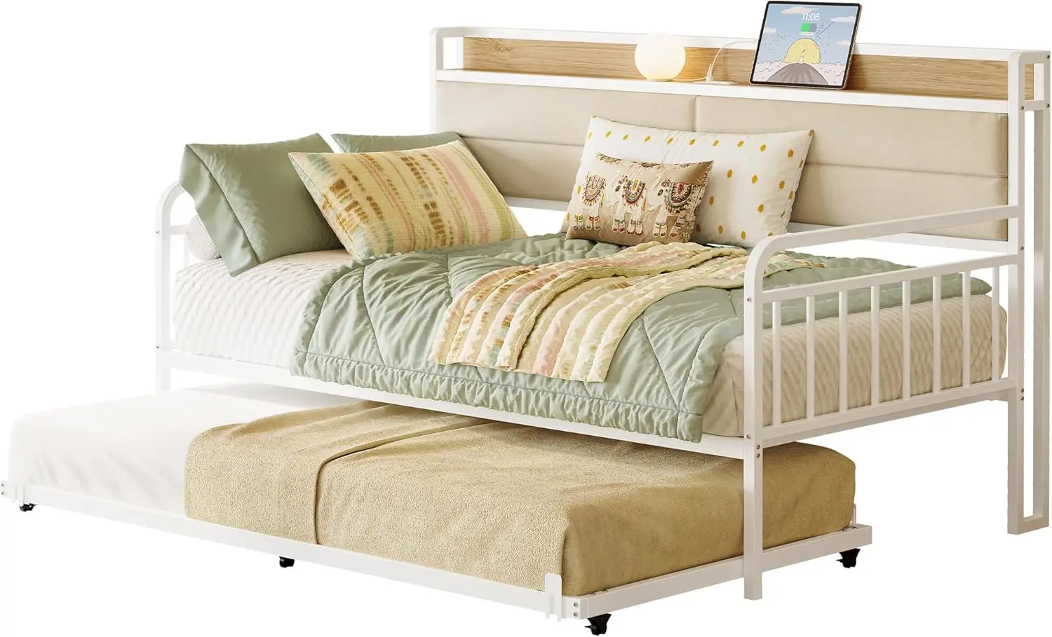 

with Trundle, Sturdy Metal Twin Bed Frame with Upholstered Headboard and Charging Station for Living Room, Bedroo