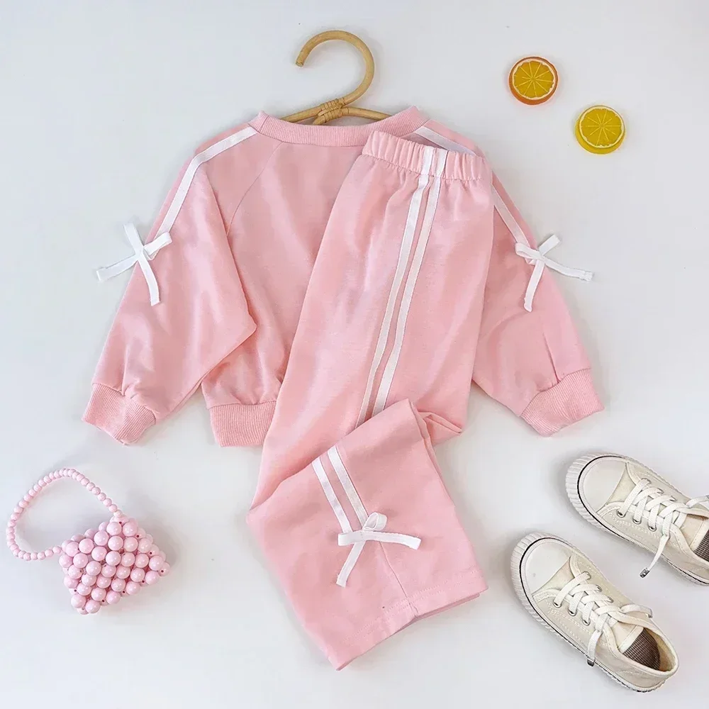 Autumn Girls' Pink Casual Sportswear Bow Tie Long Sleeved Round Neck Top+Long Pants 2-piece Set for Spring New Kids Clothes