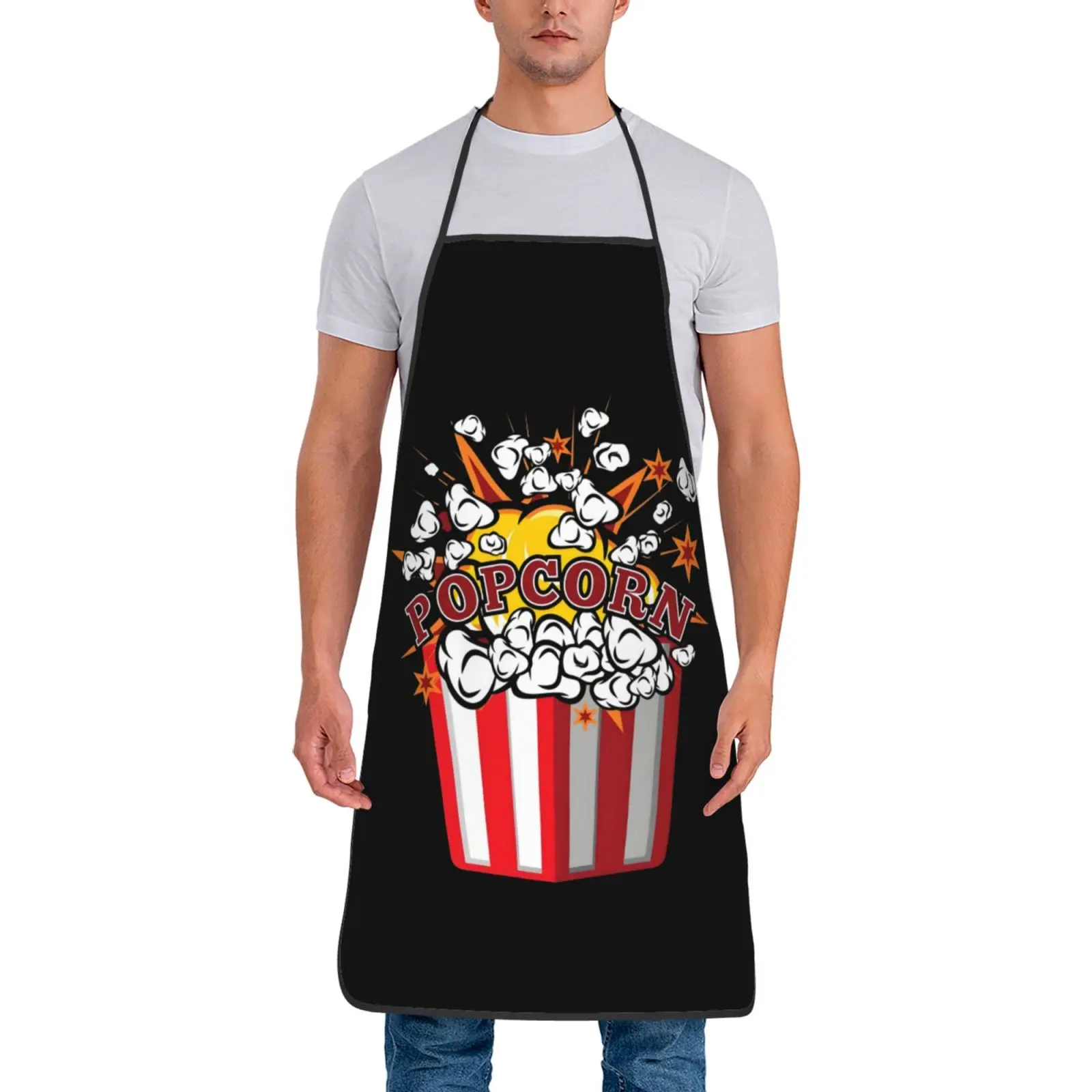 Delantal con pechera de palomitas de maíz de dibujos animados divertidos para hombres y mujeres, Chef de cocina Unisex, día de película, aperitivos, Tablier de cocina para cocinar, hornear, pintar