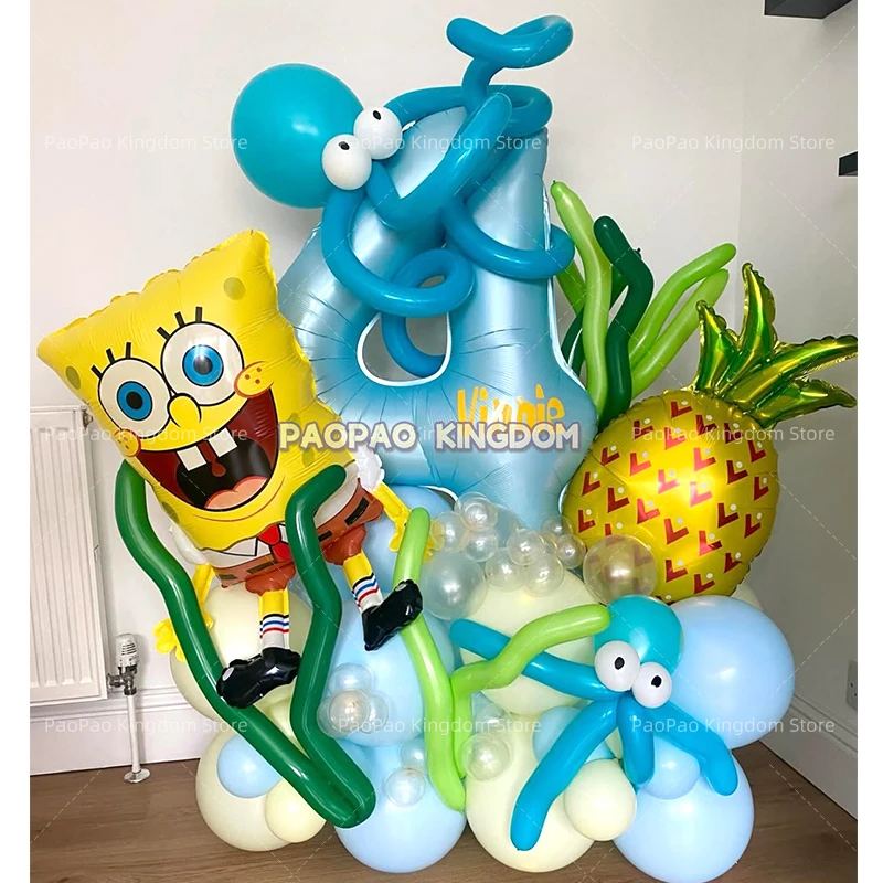 Niedliche SpongeBob-Themen Aluminiumfolienballons Kindergeburtstag Party-Hintergrund Foto-Requisiten Deko-Zubehör-Set