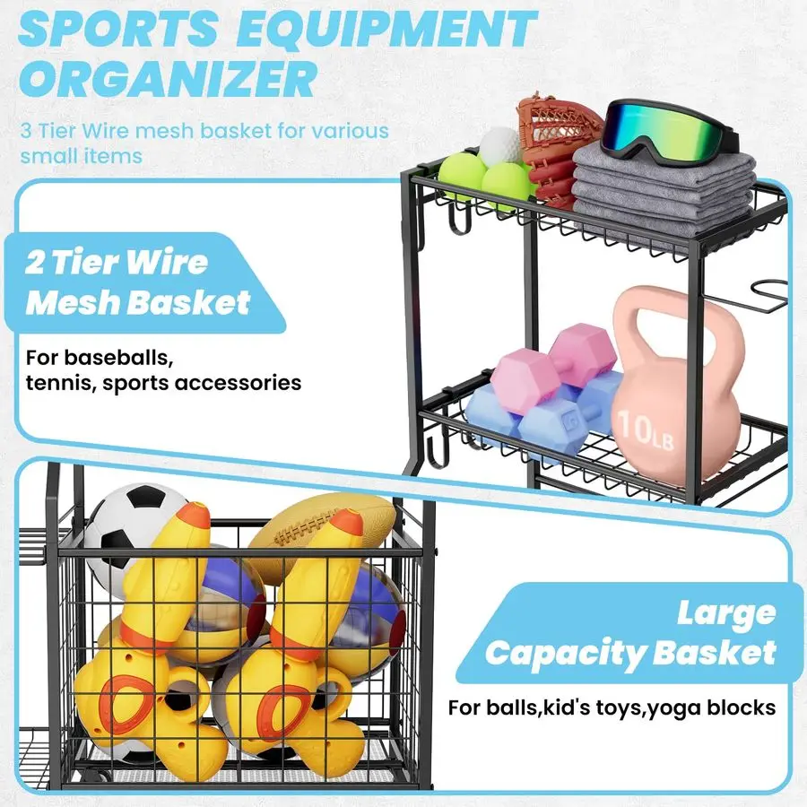 スポーツ用品オーガナイザー、ガレージボール収納ラック（バスケットとフック付き）、頑丈なホイール付きローリングボールカート（おもちゃ収納用）