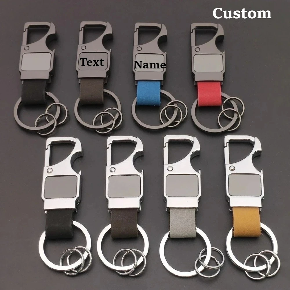 Personalized Genuine Leather Keychain Bottle Opener Men Car Motorcycle Keyring Laser Engraved Metal Pendant Customization
