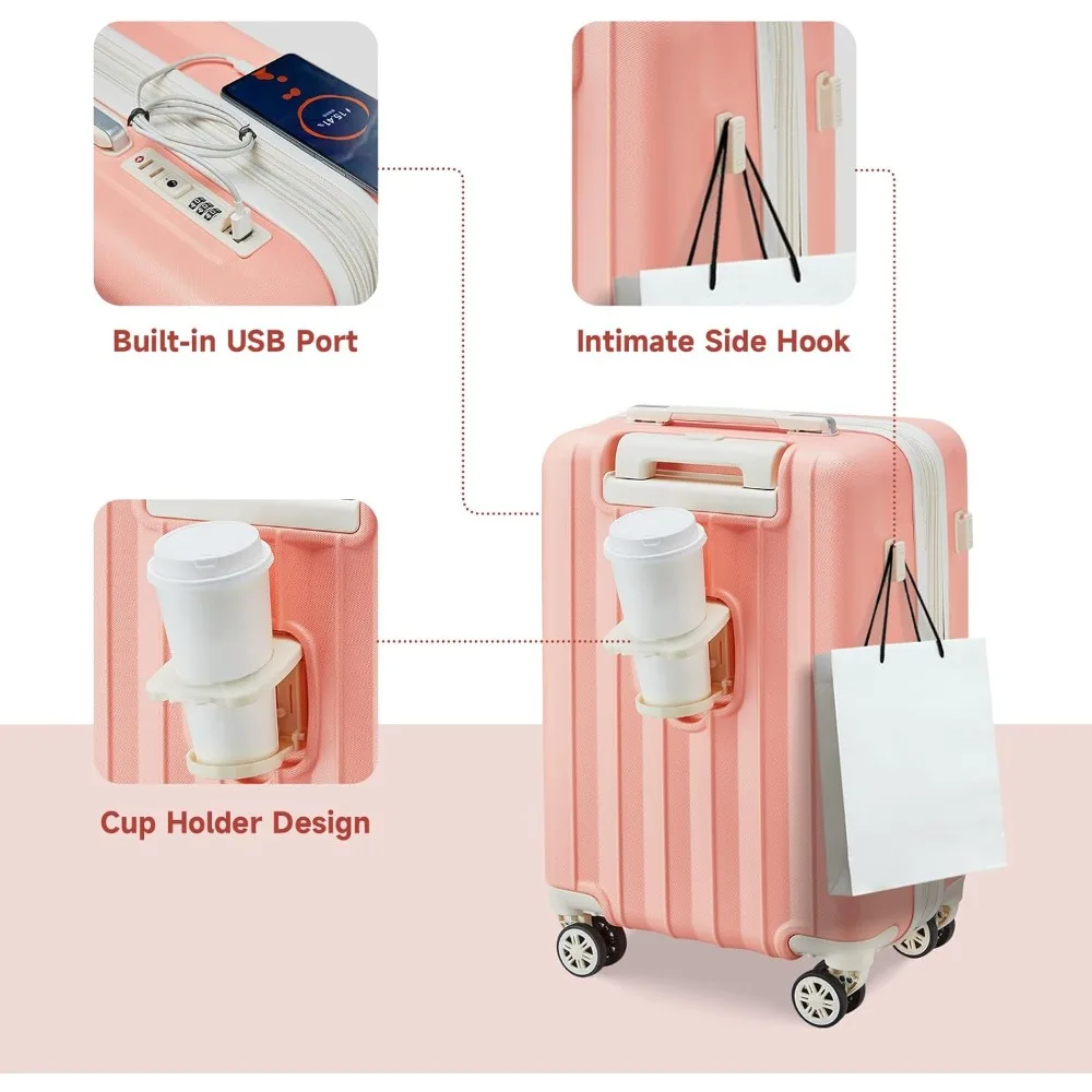 4 Piece Expandable Suitcase Set,Hardside Carry on Luggage with USB Port Cup Holder, Travel Luggage with Wheels TSA Lock